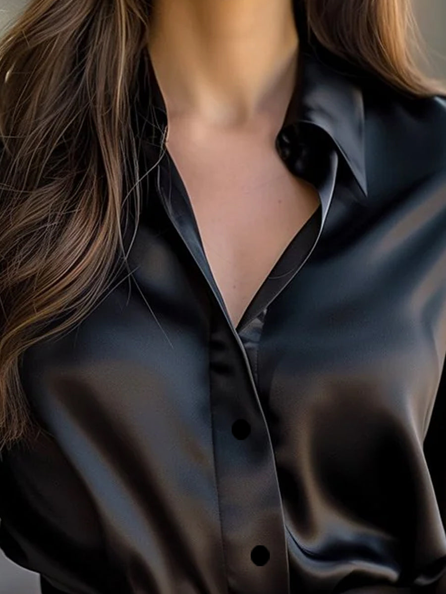Elegant Black Satin Long Sleeve Blouse
